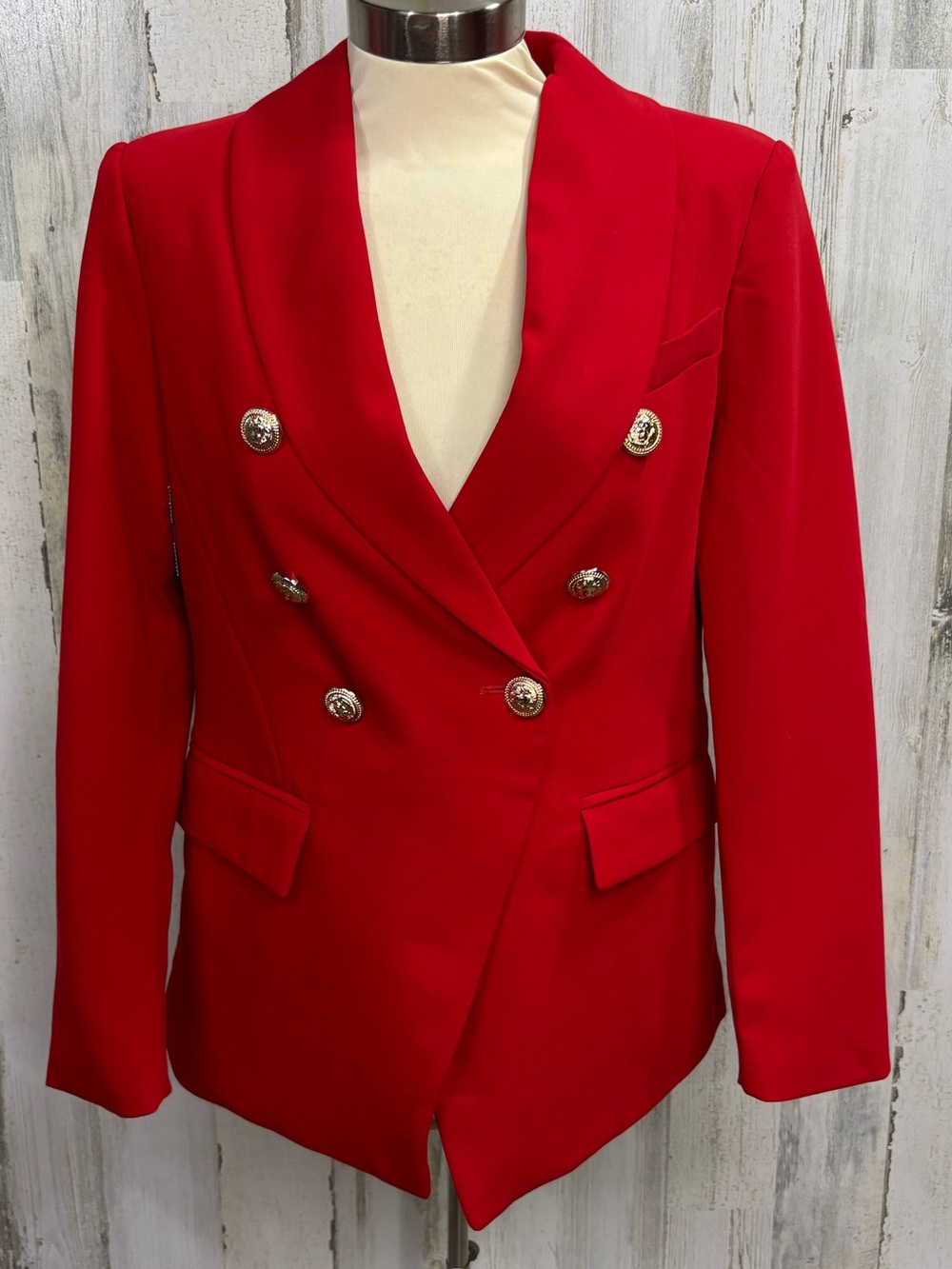 hazel Red Double-Breasted Blazer with Gold Buttons‎
